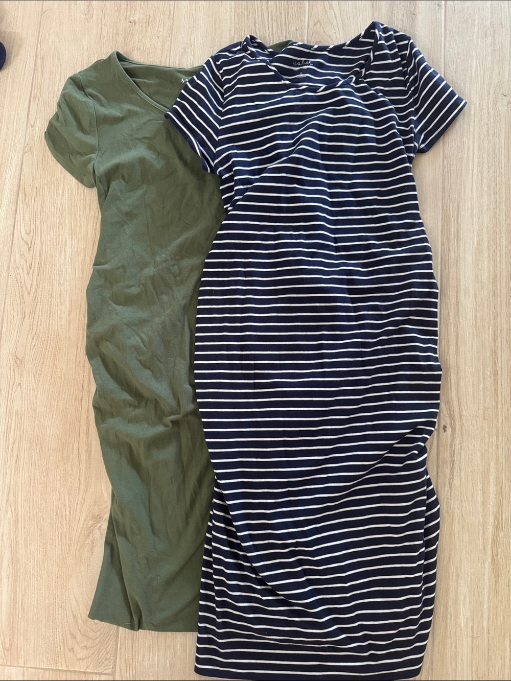 Ingrid & Isabel Olive Green and Navy White Striped Maternity Dresses